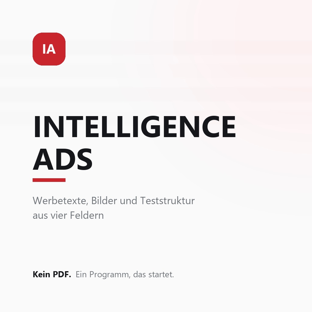 Intelligence Ads Hero-Image mit rotem IA-Logo, Produktname und Untertitel auf hellem Hintergrund