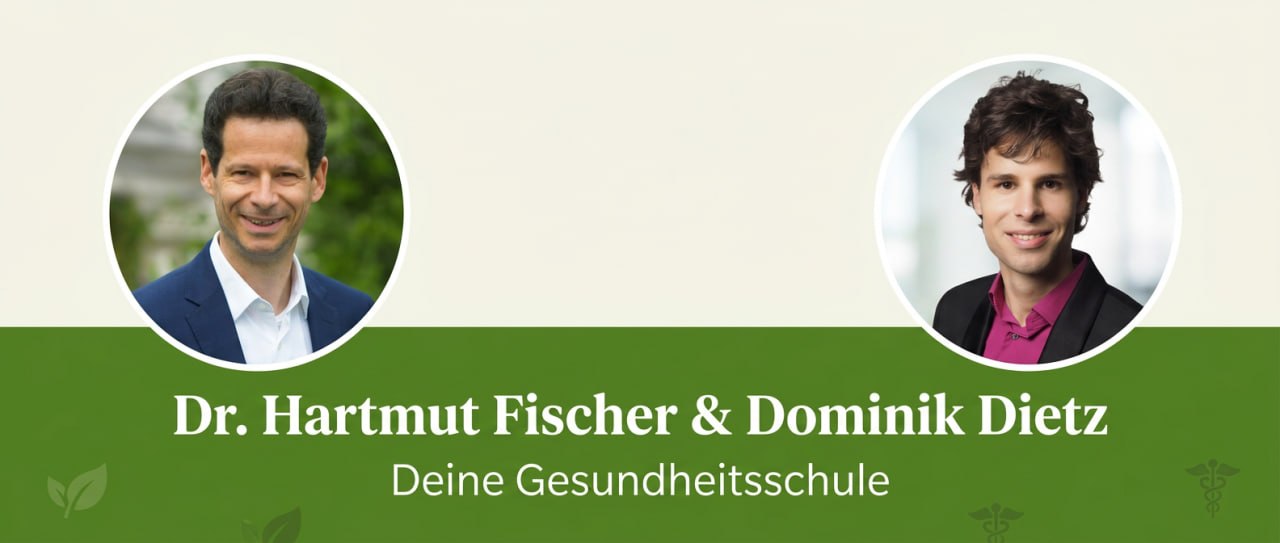 Intensivwochenende 2.0 mit Dr. Hartmut Fischer 3 Dr. Hartmut Fischer und Dominik Dietz Porträts mit Text 'Deine Gesundheitsschule' auf grünem Hintergrund