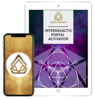 Intergalactic Portal Activator Kurs auf Smartphone und Tablet mit goldenem Logo und violettem geometrischem Design