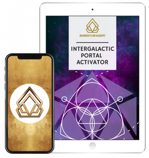 Intergalactic Portal Activator Kurs auf Smartphone und Tablet mit goldenem Logo und violettem geometrischem Design