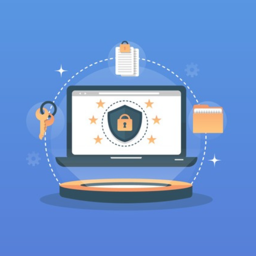 Illustration eines Laptops auf Podest mit Schloss-Symbol und Security-Icons umgeben von Elementen wie Schlüssel, Klemmbrett u