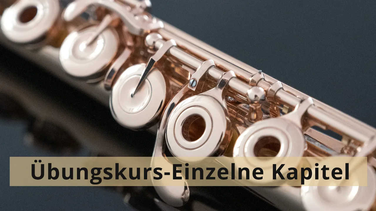 Flötenmechanik Nahaufnahme vor dunkelgrauem Hintergrund mit Text Übungskurs-Einzelne Kapitel