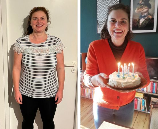 Vorher-Nachher Vergleich einer Frau in gestreiftem Shirt und in rotem Oberteil mit Geburtstagskuchen
