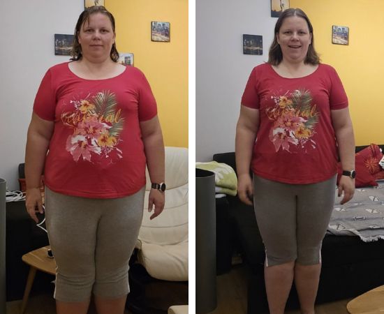 Vorher-Nachher-Vergleich einer Frau in rotem Shirt mit Blumenmotiv