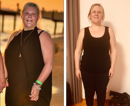 Vorher-Nachher Vergleich einer Frau in schwarzem Top bei Sonnenuntergang und in schwarzem Tanktop im Innenraum