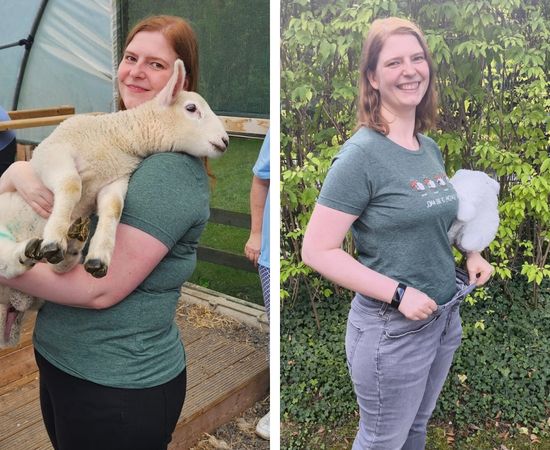 Vorher-Nachher-Vergleich einer Frau mit Lamm, links schwerer, rechts schlanker