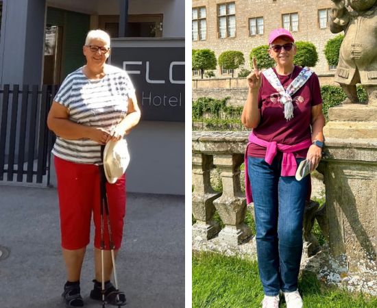 Vorher-Nachher Vergleich einer Frau in Sportkleidung vor Hotel und in Freizeitkleidung am Wasser
