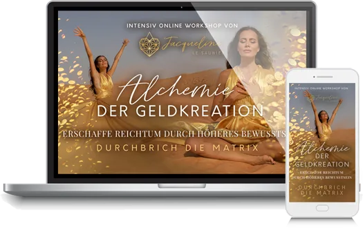Intuition Community – Coaching für Herzens-Business 5 Mockup PC und Mobile Alchemie der Geldkreation Workshop – Desktop und Tablet mit Frau in goldenem Setting