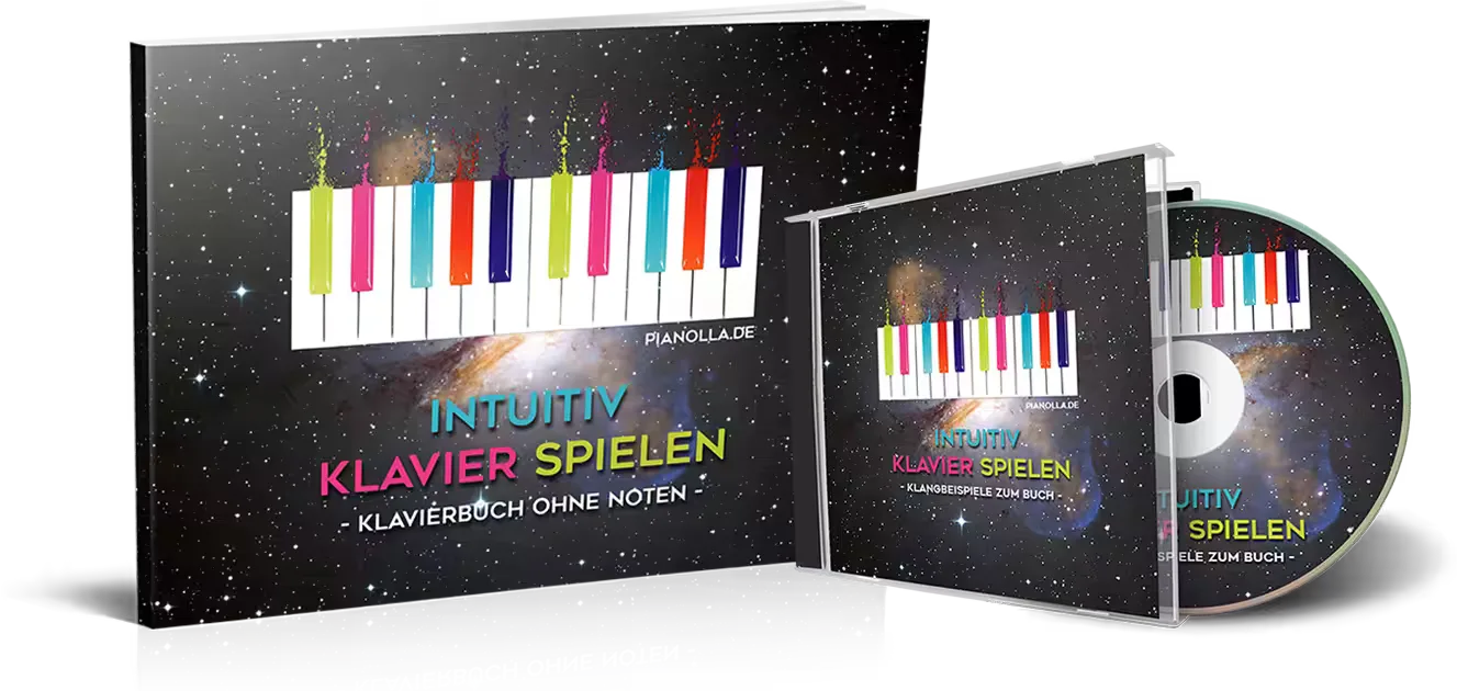 3D-Mockup des Klavierbuchs Intuitiv Klavier Spielen ohne Noten zusammen mit der Begleit-CD