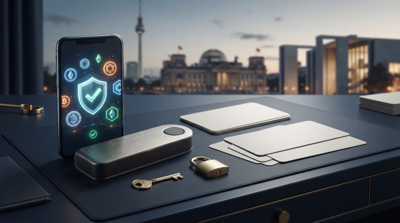 Smartphone mit Kryptowährung Sicherheit Icons auf Schreibtisch mit Hardware Wallet und Schlüssel