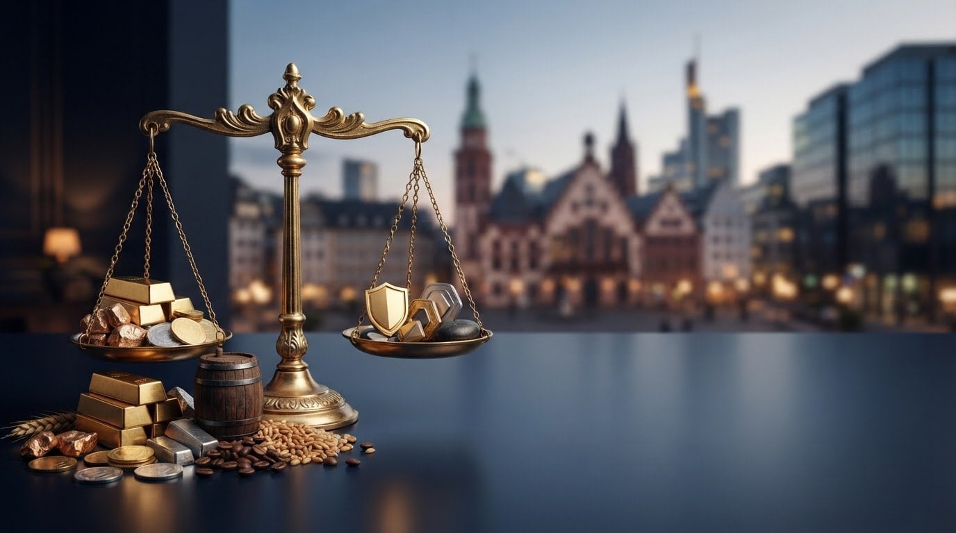 Goldwaage mit Rohstoffen und Schutz Symbol vor Stadtkulisse
