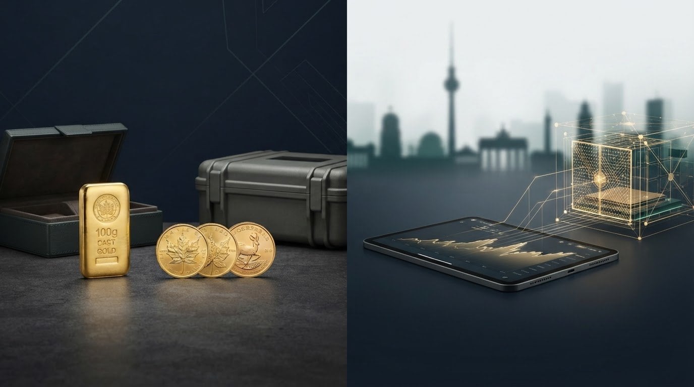 Split Bild mit Goldbarren und Münzen links, Smartphone mit digitalem Netzwerk rechts