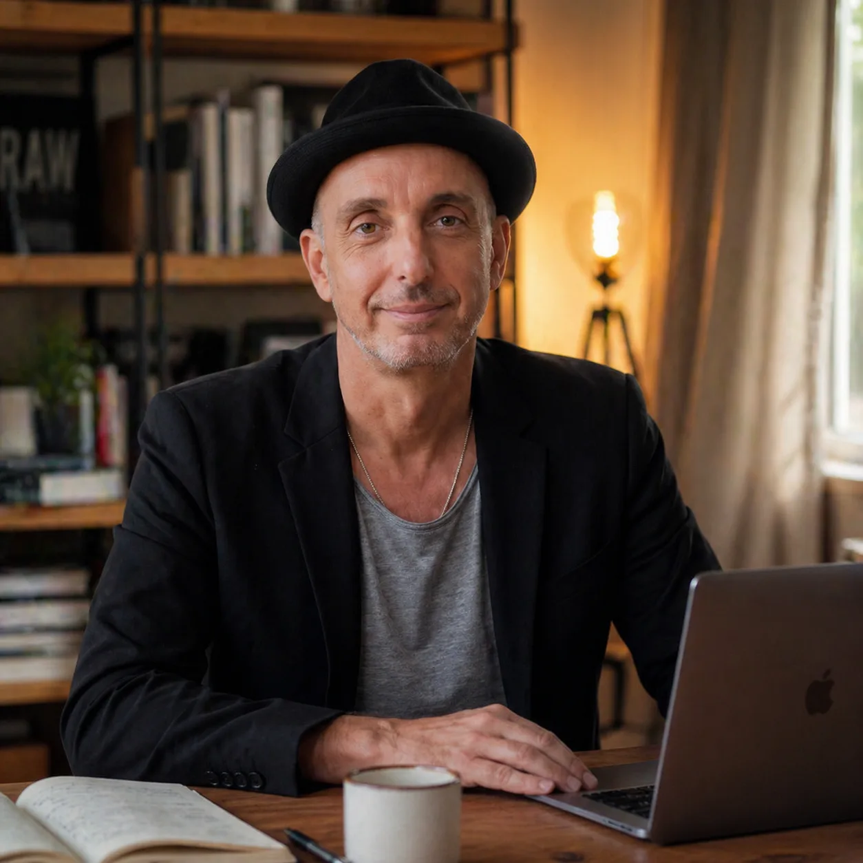 Marco Lachmann-Anke Portrait am Schreibtisch mit Laptop, Buch und Kaffee