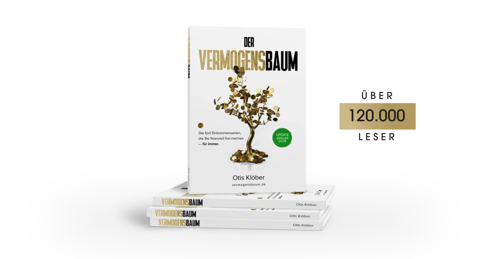 Der Vermögensbaum Buchcover Mockup mit gestapelten Büchern, 120.000 Leser