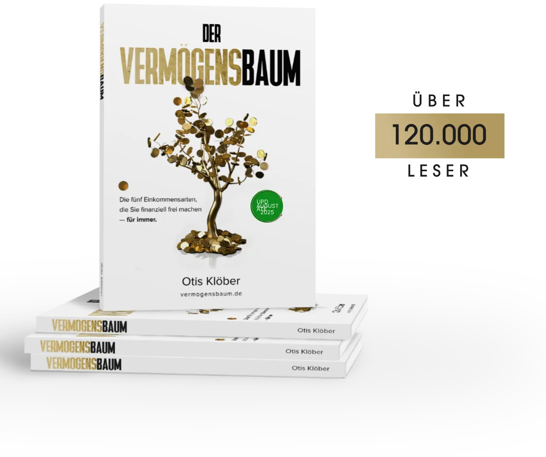 Der Vermögensbaum Buchcover Mockup mit Bücherstapel, 120.000 Leser, Update August 2025