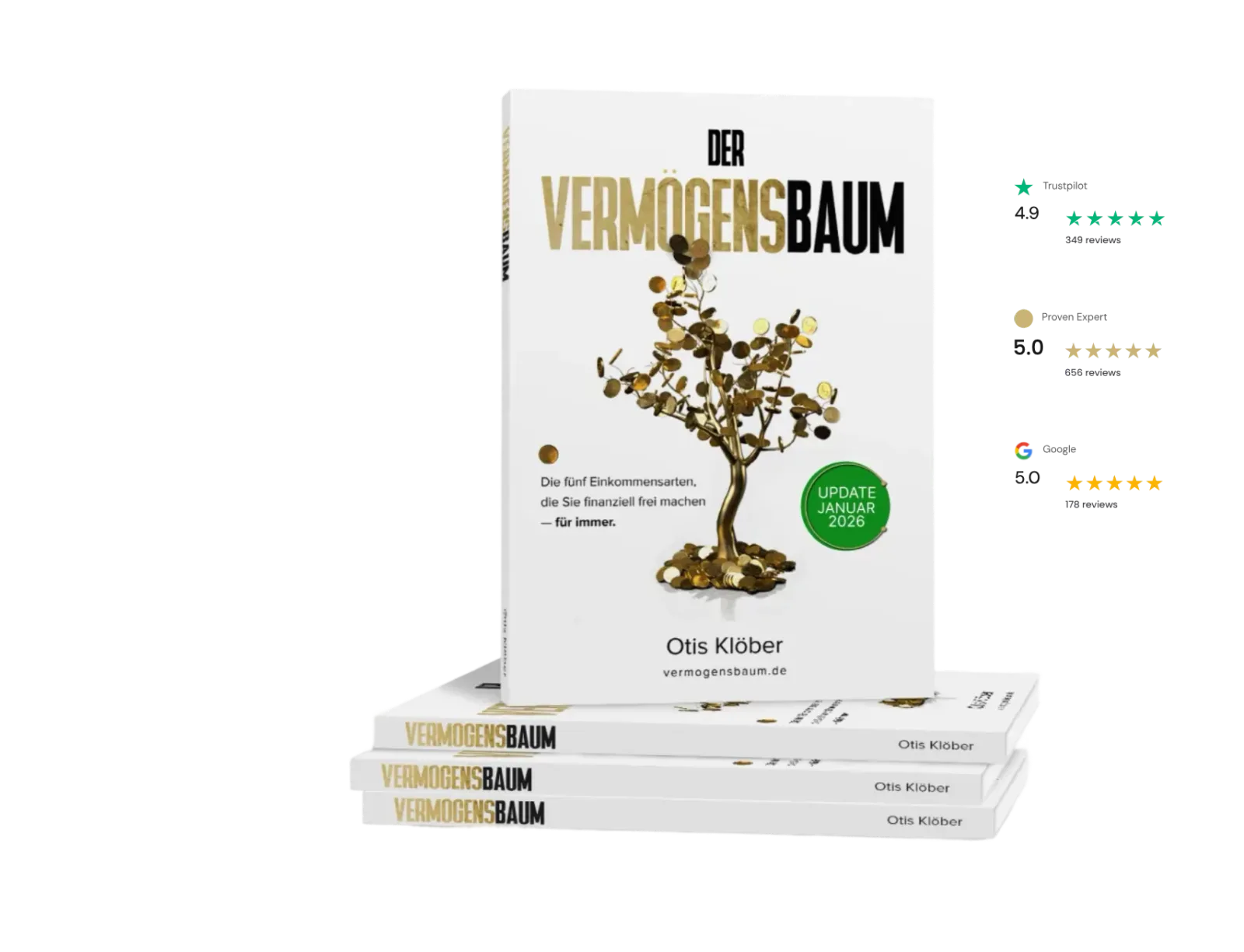 Der Vermögensbaum Buch von Otis Klöber mit Stapel weiterer Exemplare und Trustpilot-Bewertungen