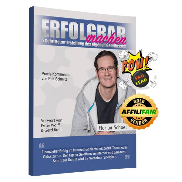 Mockup des Erfolgbar-Buches mit Abzeichen und Siegel für Affiliate-Provision