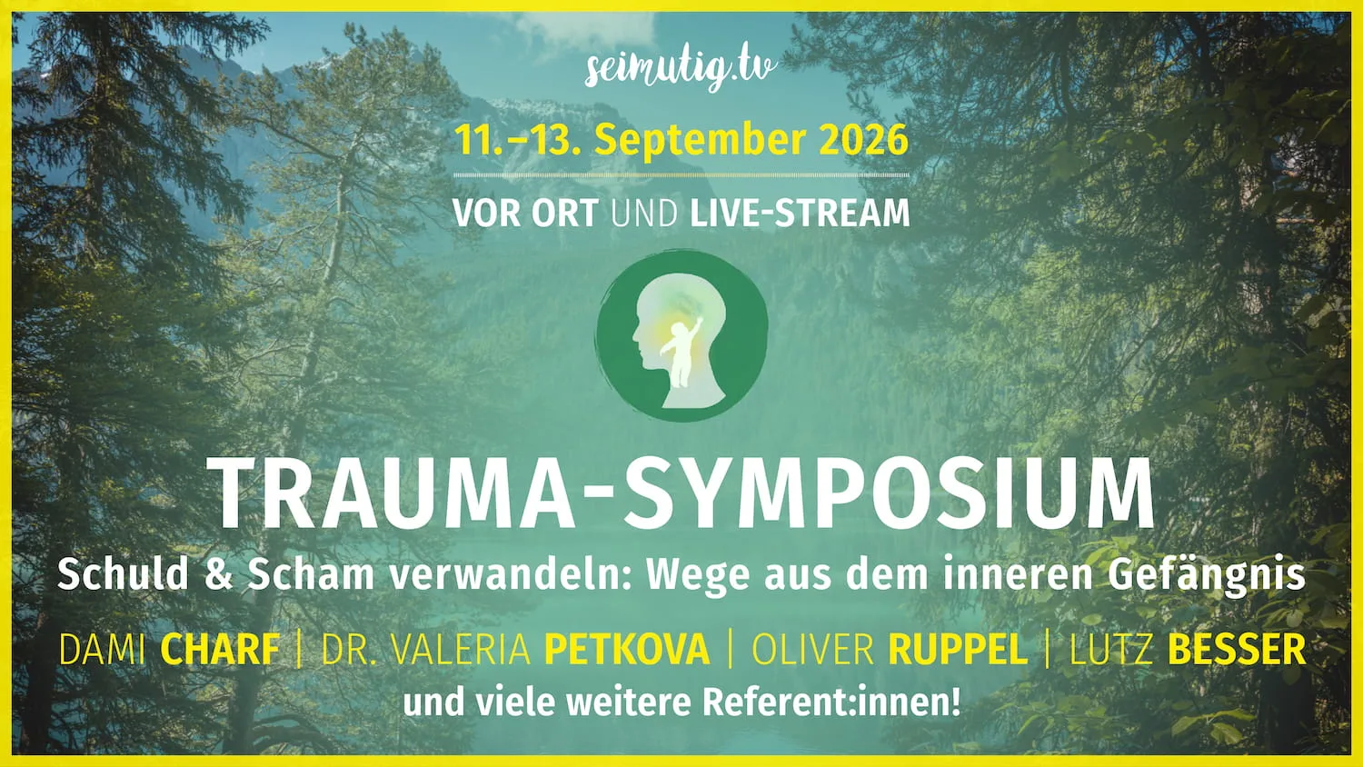Hero-Banner für Trauma-Symposium Live-Stream 11.-13. September 2026 mit Waldhintergrund und Kopfsilhouette