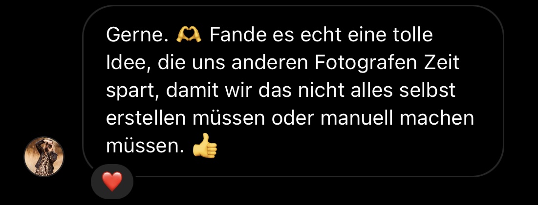 Kundenstimme mit Text: Gerne. 💕 Fande es echt tolle Idee… und Daumen-hoch-Emoji