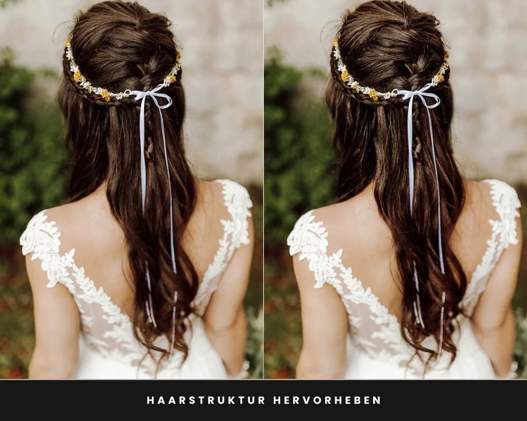 Hochzeitsfoto Detail: Haarstruktur und Details mit intelligenten Masken hervorgehoben