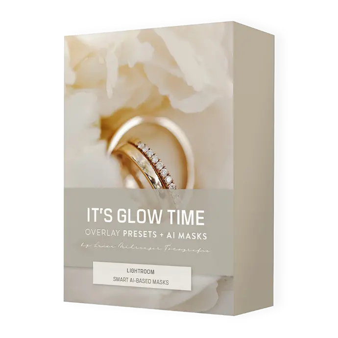 Produktbox It's Glow Time mit Eheringen und Blüten, Lightroom Smart AI-Based Masks