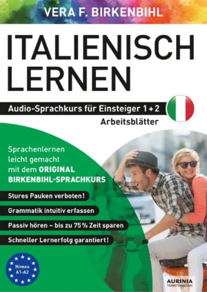 Arbeitsbuch-Cover Italienisch lernen von Vera F. Birkenbihl mit Paar vor Stadtkulisse