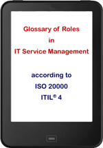E-Book Cover Glossary of Roles in IT Service Management nach ISO 20000 und ITIL 4 auf Tablet-Display
