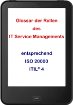 E-Book Cover Glossar der Rollen des IT Service Managements nach ISO 20000 und ITIL 4 auf Tablet-Bildschirm