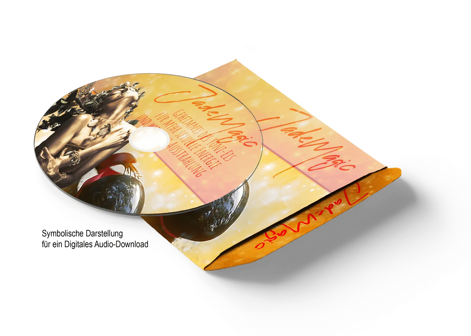 JadeMagic Audiodownload Mockup mit CD, Booklet und gestalteter Verpackung in Gold- und Rosa-Tönen
