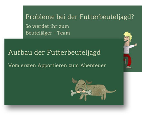 Grafik-Serie über Futterbeuteljagd mit Überschriften und Cartoon-Illustration