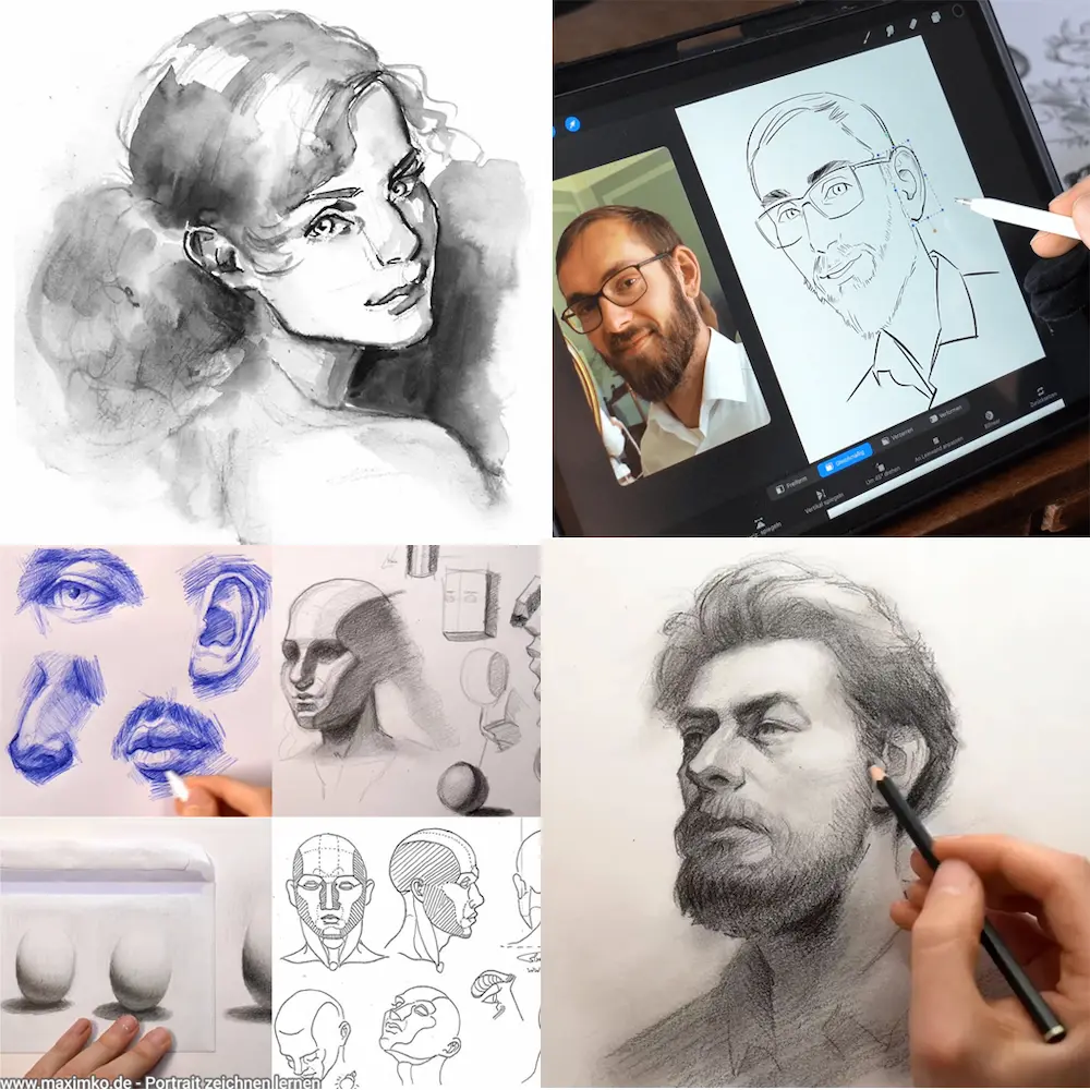 Collage mit verschiedenen Portrait-Zeichnungen und Maxim beim digitalen Zeichnen