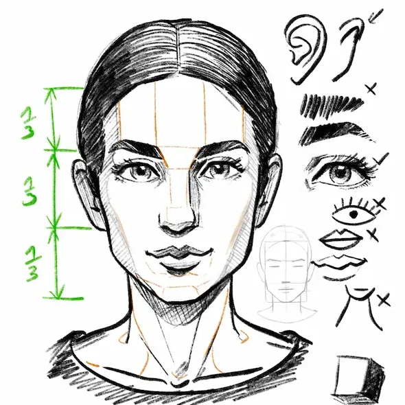 Modulbild: Weibliches Porträt mit Proportionslinien, daneben Zeichnungen von Augen, Ohren, Nase und Mund