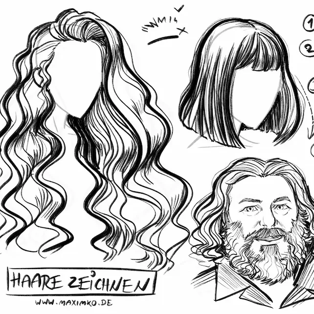 Modulbild: Verschiedene Frisuren und Bartzeichnungen – lockig, glatt, Pony, Vollbart mit Anleitung