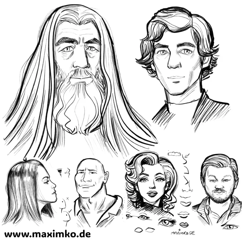 Modulbild: Prominenten-Porträts – Gandalf, The Rock, Marilyn Monroe mit Charakterstudien