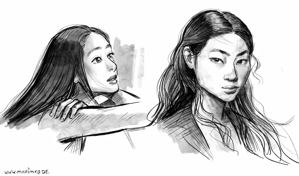 Modulbild: Zwei asiatische Frauenporträts in Tusche – Profil und Ansicht, minimalistischer Stil