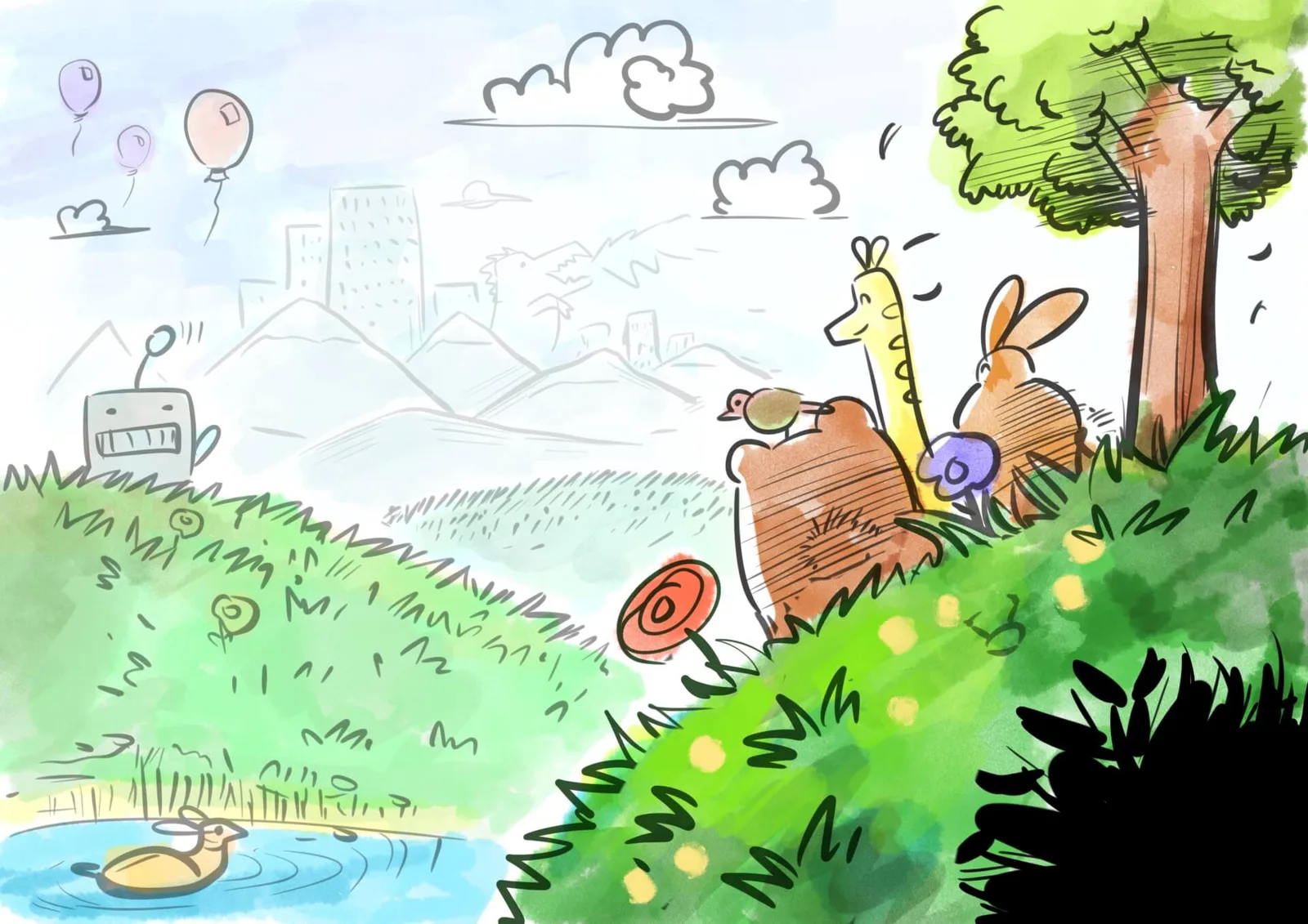 Hero-Banner mit bunter Illustration: Cartoon-Szene mit Roboter, Luftballons, Stadt, Baum und Tieren in Wiese