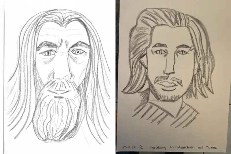 Zwei Portrait-Zeichnungen von Teilnehmerin Priska: Älterer Mann mit langen Haaren und Bart