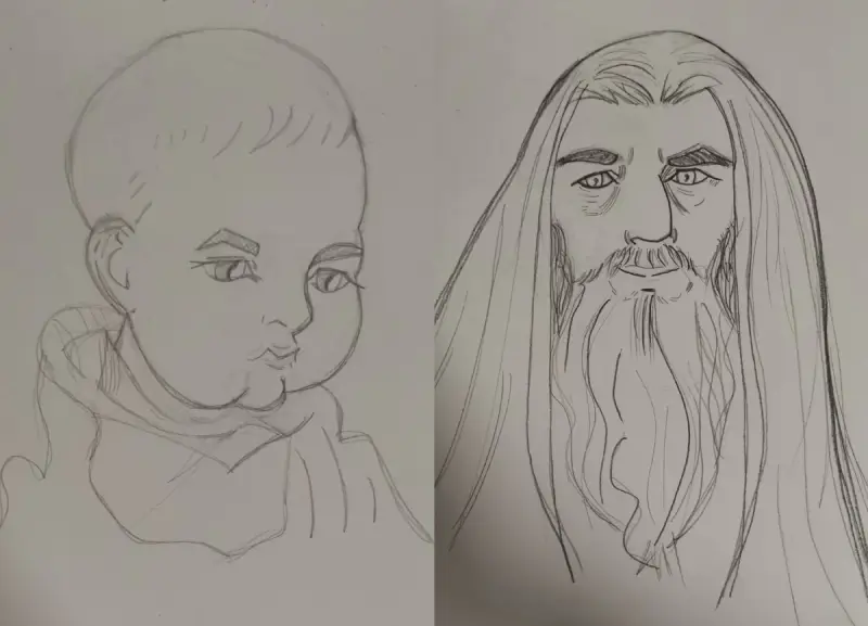 Zwei Portrait-Zeichnungen von Teilnehmerin Denise: Baby und Fantasy-Charakter mit Bart