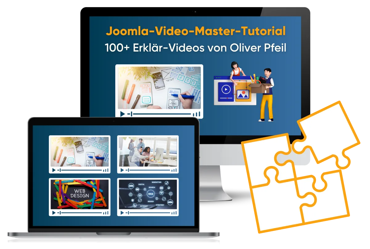 Joomla-Video-Master-Tutorial auf Desktop- und Laptop-Bildschirmen mit 100+ Erklär-Videos