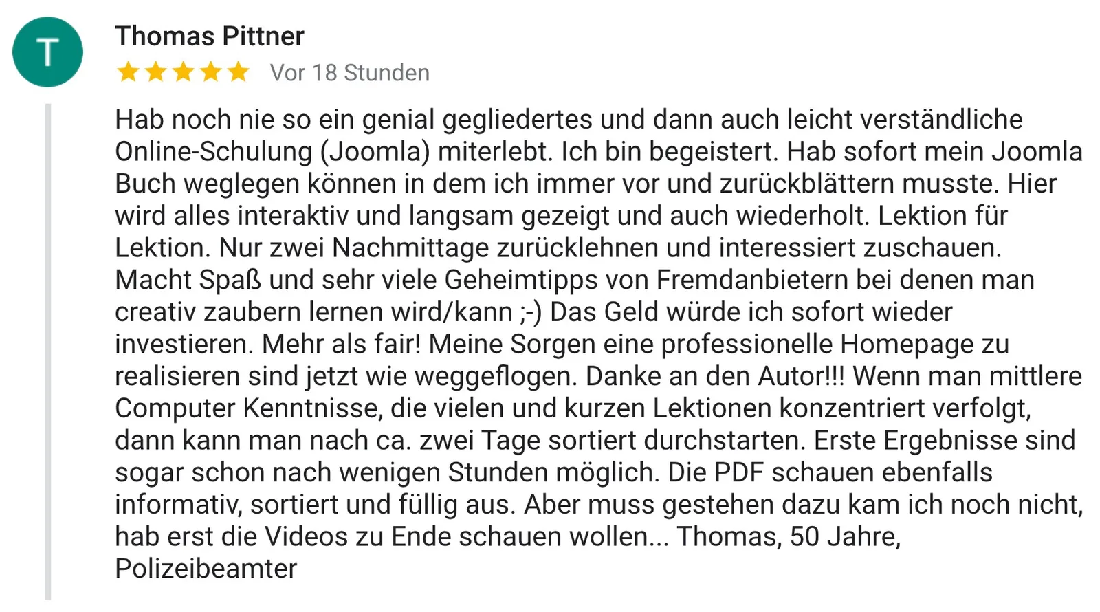Google-Rezension von Thomas Pittner 5 Sterne zum Joomla-Videokurs
