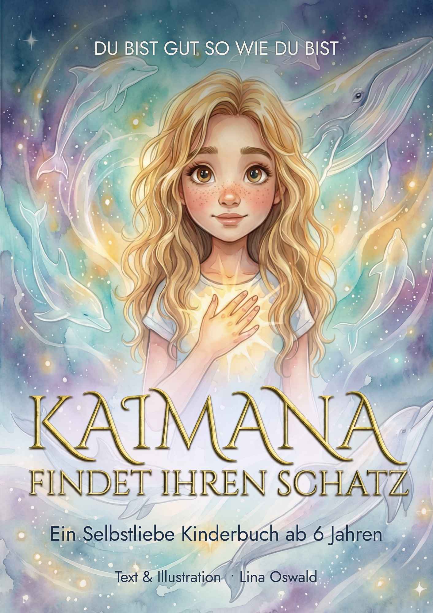 Kaimana und die 12 Schlüssel – Coaching zur Selbsterkenntnis 1 Illustrierter Buchcover mit Mädchen, Delfinen, mystischem Licht, goldener Schrift und Untertitel