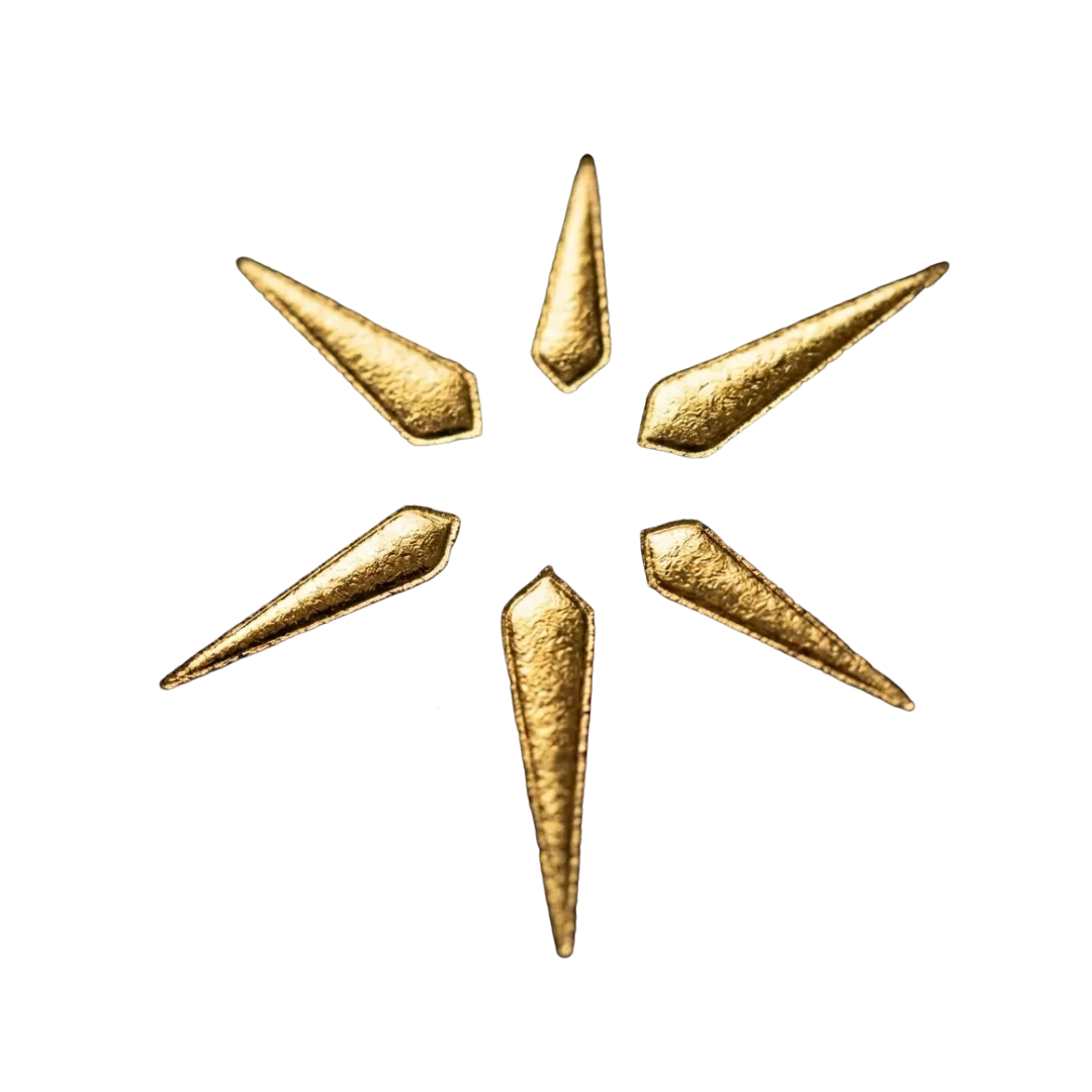 Kaimana und die 12 Schlüssel – Coaching zur Selbsterkenntnis 11 Sechs goldene spitz zulaufende Elemente in Stern-Anordnung als Symbol für KAIMANA Universe