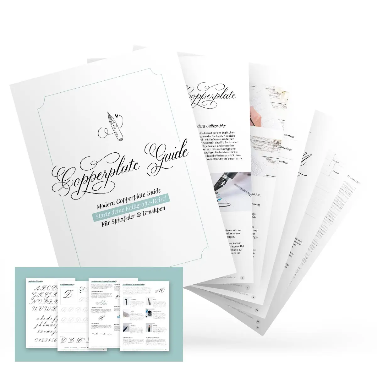 Copperplate Guide Kurs-Material mit Schriftzügen und Anleitungsseiten für Spitzfeder und Brush Lettering
