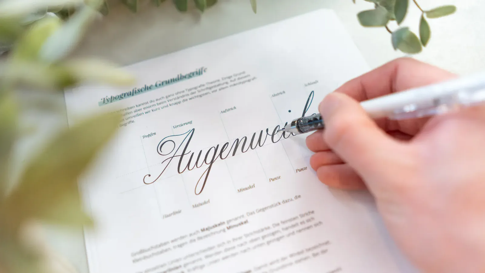 Nahaufnahme von Kalligrafie-Schrift 'Augenwelt' auf Papier mit Feder in Hand