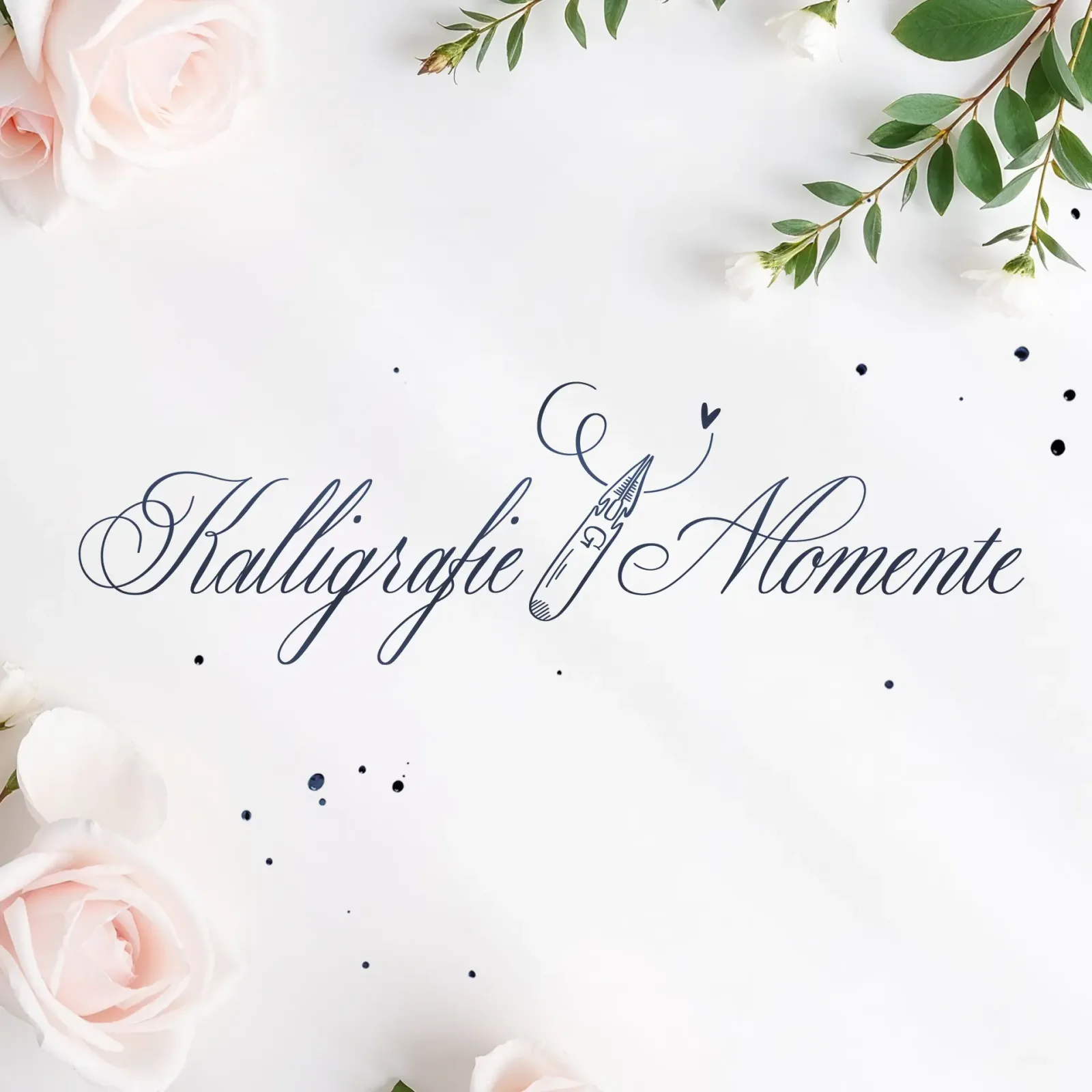 Kalligrafie-Momente Produktabbildung mit Blüten, Blättern und Schriftzug mit Feder