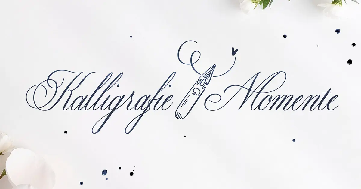 Kalligrafie-Momente Kurs-Titelbild mit Schriftzug und Feder auf weißem Hintergrund mit Blüten