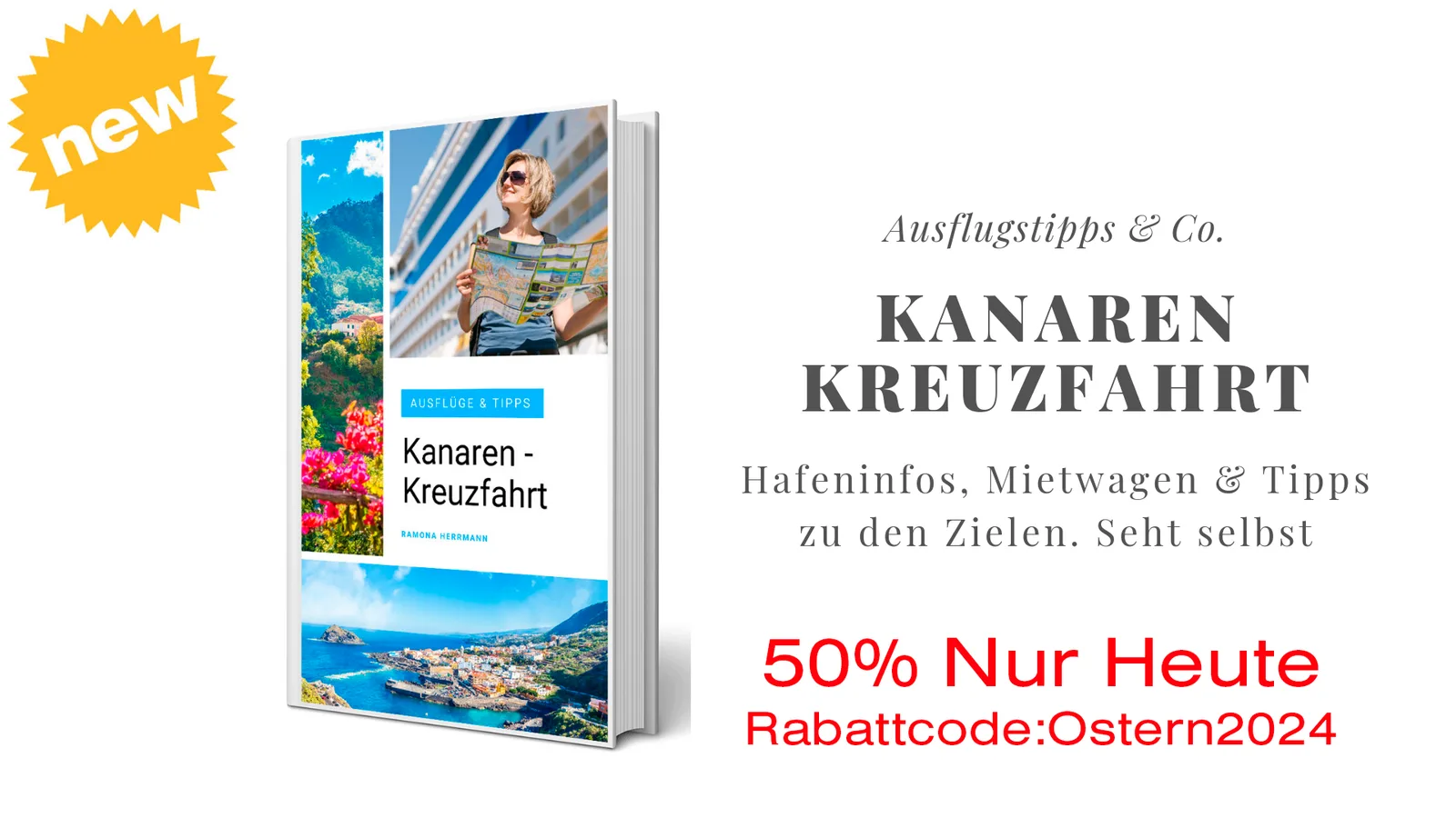E-Book-Cover Kanaren Kreuzfahrt mit Frau, Blumen und Hafenansicht, 50% Rabatt