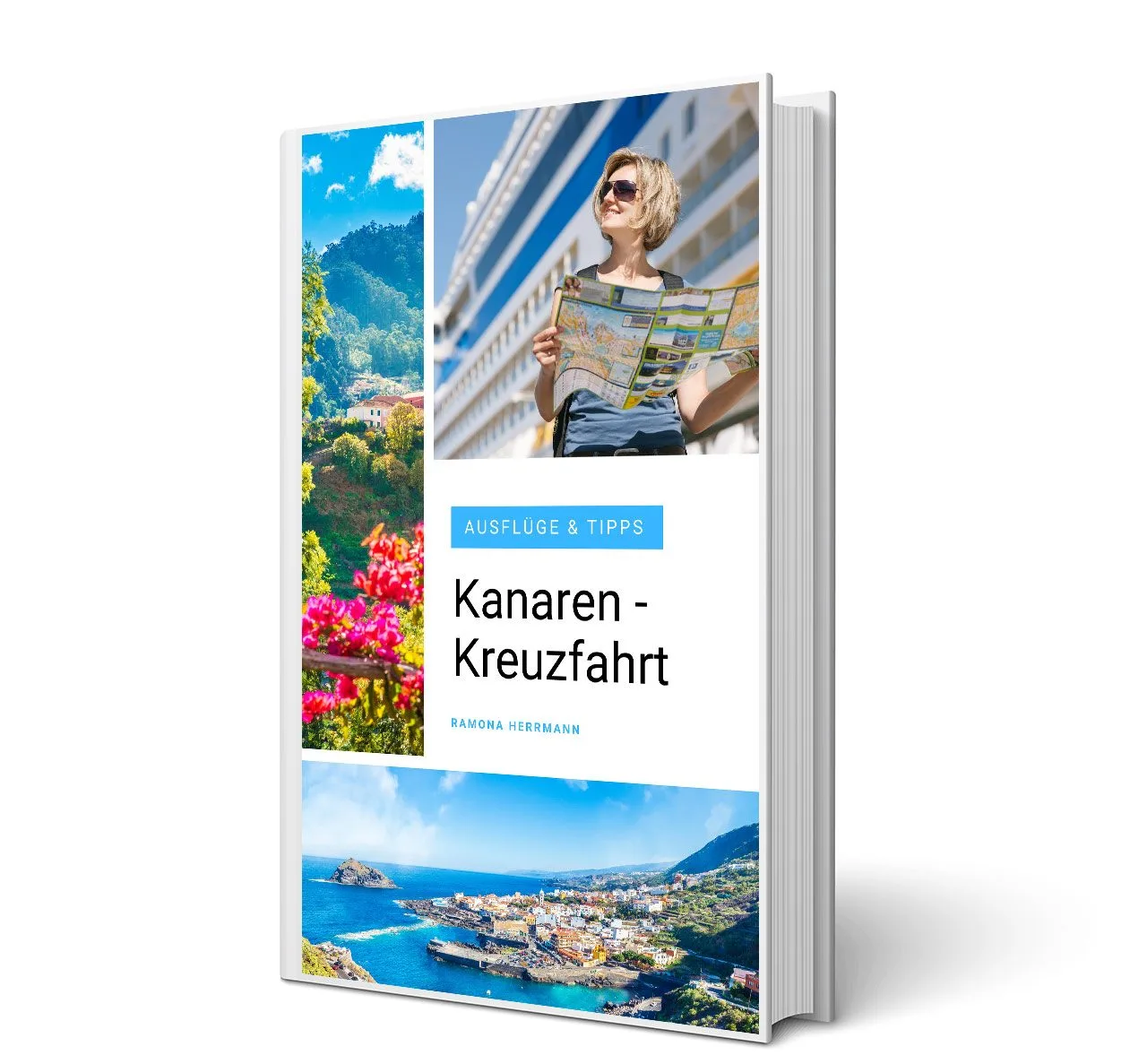 E-Book-Cover Kanaren Kreuzfahrt mit Reiseführer, Blumen und Hafenansicht