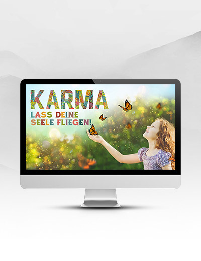 Hero-Banner mit Frau, Schmetterlingen und Text Karma – Lass deine Seele fliegen auf Monitor-Mockup