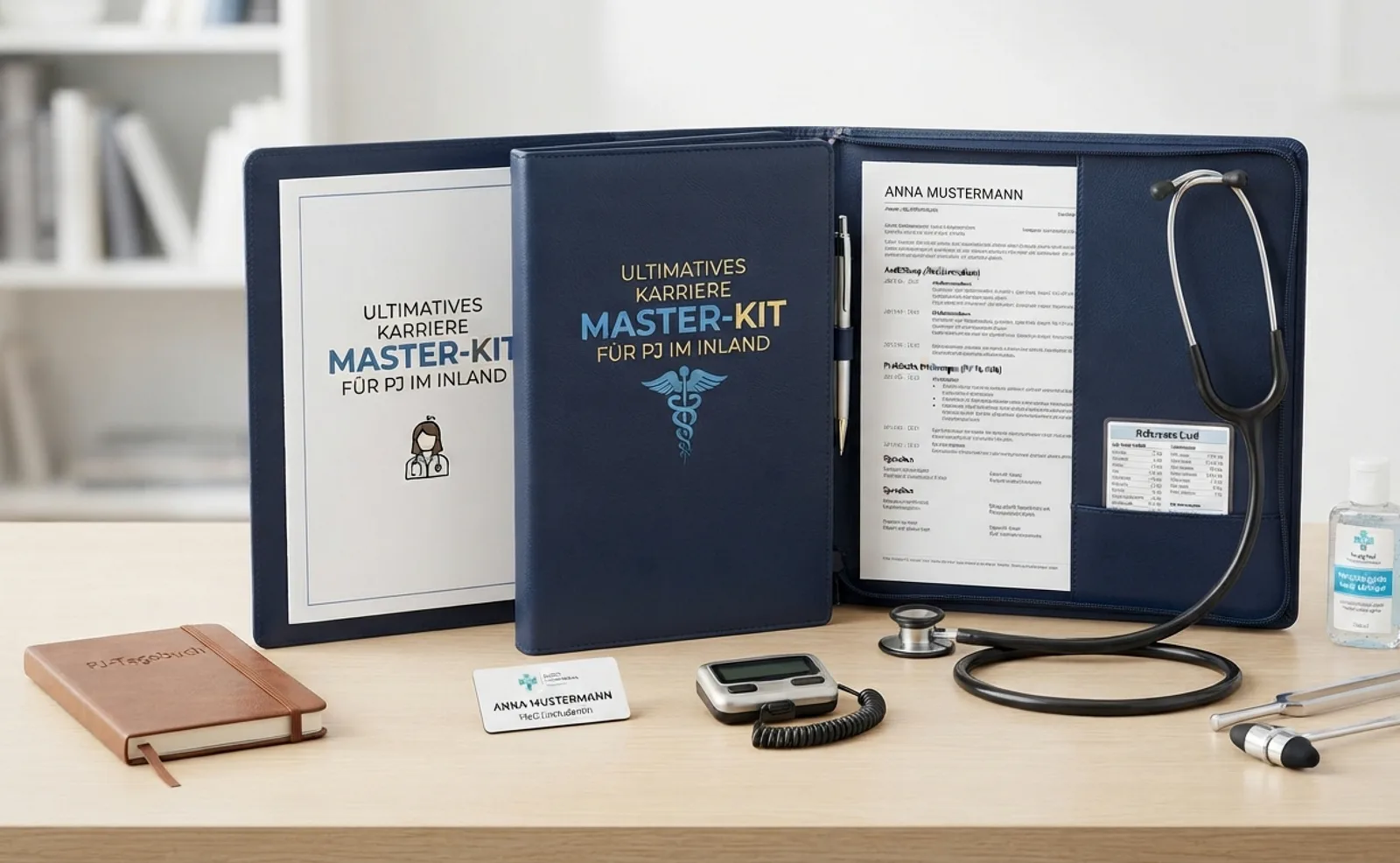 Aufgeklapptes dunkelblaues Master-Kit Portfolio mit Handbuch, Dokumenten und medizinischen Utensilien